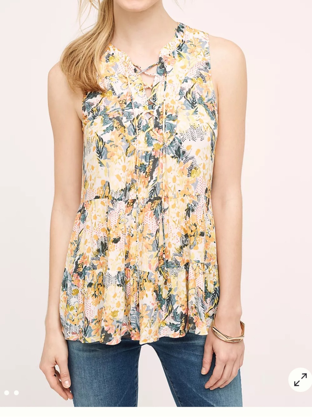 Anthropologie Floreat anafa Sleeveless Yellow Floral lace up swing tank top 12